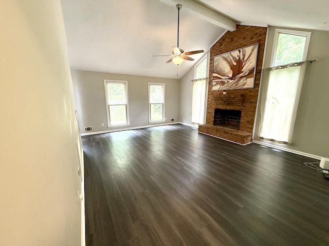 231 Norma Ln, Evans, GA 30809 - unfurnished living room featuring a ceiling fan, a brick fireplace, dark wood finished floors, and baseboards