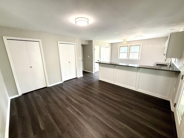 231 Norma Ln, Evans, GA 30809 - kitchen with a peninsula, dark wood-style flooring, dark countertops, baseboards, and a sink