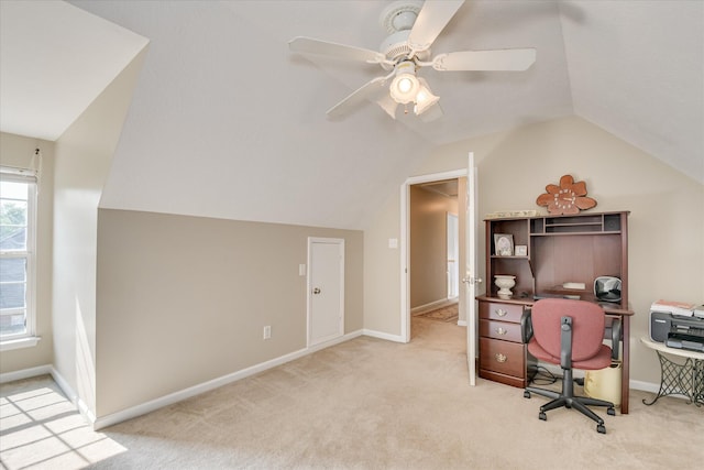 322 Farmington Dr, Evans, GA 30809 - carpeted home office featuring lofted ceiling, baseboards, and a ceiling fan