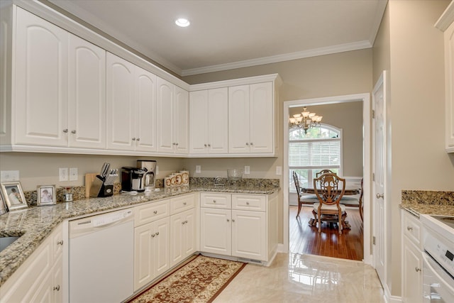 322 Farmington Dr, Evans, GA 30809 - kitchen with white appliances, a chandelier, ornamental molding, white cabinetry, and light stone counters