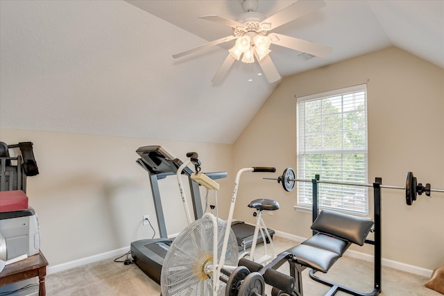 322 Farmington Dr, Evans, GA 30809 - exercise room featuring lofted ceiling, ceiling fan, baseboards, and light colored carpet