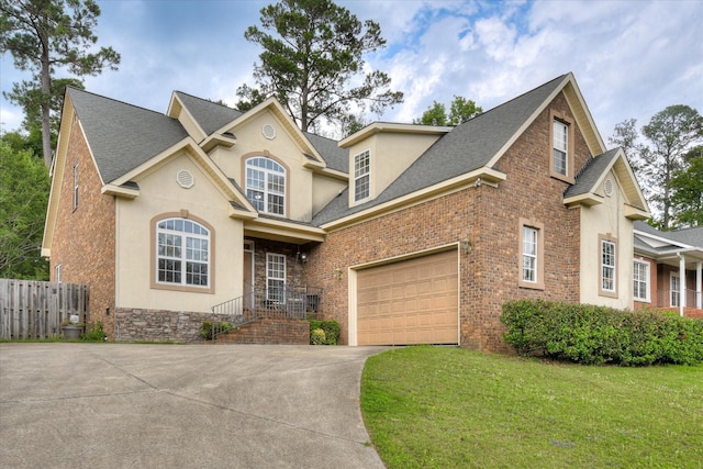 322 Farmington Dr, Evans, GA 30809 - traditional-style house featuring driveway, a shingled roof, stucco siding, a garage, and brick siding