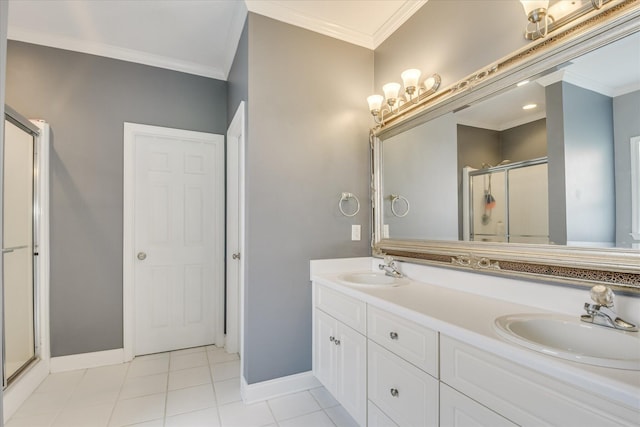 322 Farmington Dr, Evans, GA 30809 - bathroom featuring ornamental molding, a shower stall, baseboards, tile patterned flooring, and double vanity