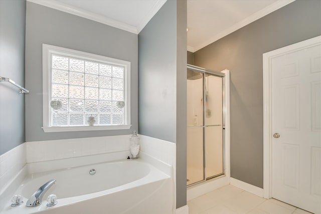 322 Farmington Dr, Evans, GA 30809 - bathroom featuring ornamental molding, a garden tub, a stall shower, and tile patterned flooring