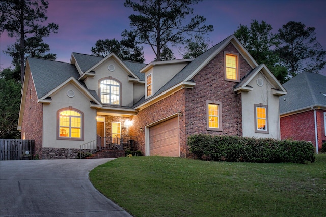 322 Farmington Dr, Evans, GA 30809 - view of front of house featuring stucco siding, an attached garage, driveway, roof with shingles, and a porch