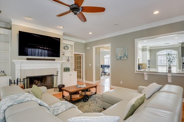 5407 Kiokee Ridge Rd, Evans, GA 30809 - living room with crown molding, ceiling fan, light wood finished floors, and a wealth of natural light