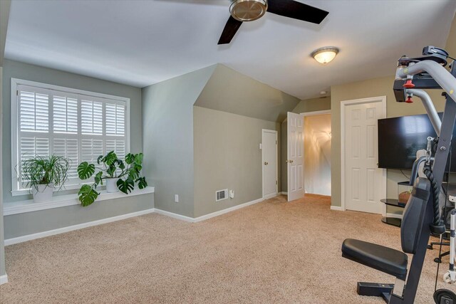 5407 Kiokee Ridge Rd, Evans, GA 30809 - exercise room featuring visible vents, a ceiling fan, baseboards, and carpet flooring