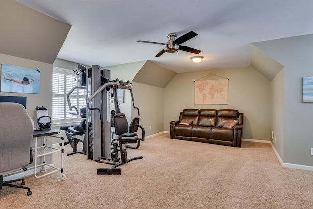 5407 Kiokee Ridge Rd, Evans, GA 30809 - exercise area featuring baseboards, a ceiling fan, carpet, and vaulted ceiling
