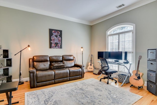 5407 Kiokee Ridge Rd, Evans, GA 30809 - office with baseboards, visible vents, ornamental molding, and light wood-type flooring