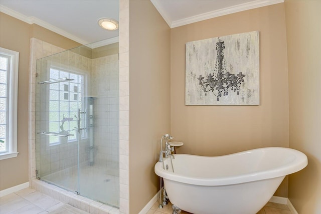 5407 Kiokee Ridge Rd, Evans, GA 30809 - bathroom with tile patterned flooring, ornamental molding, baseboards, a freestanding bath, and a stall shower
