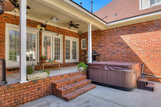 5407 Kiokee Ridge Rd, Evans, GA 30809 - view of patio with french doors, a ceiling fan, and a hot tub