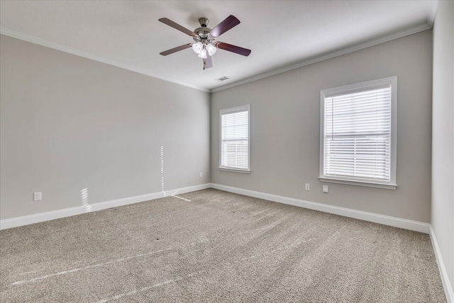 spare room with ceiling fan, carpet, and ornamental molding