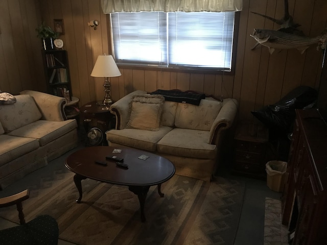 living room with wooden walls