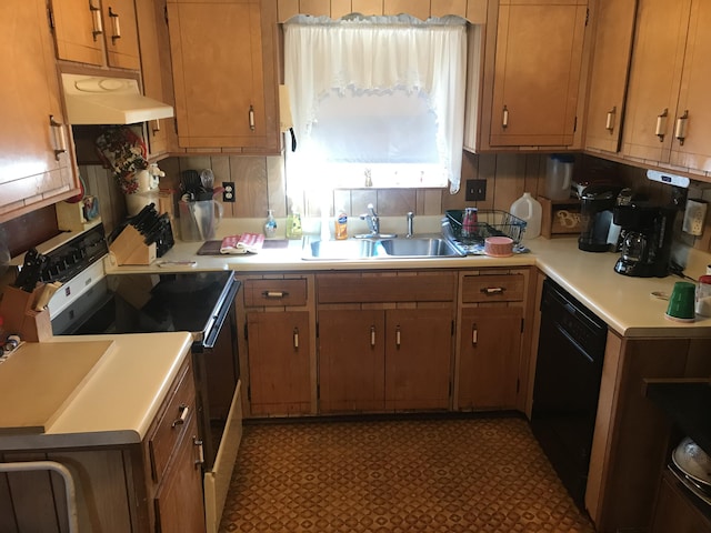 kitchen with backsplash, ventilation hood, sink, dishwasher, and range