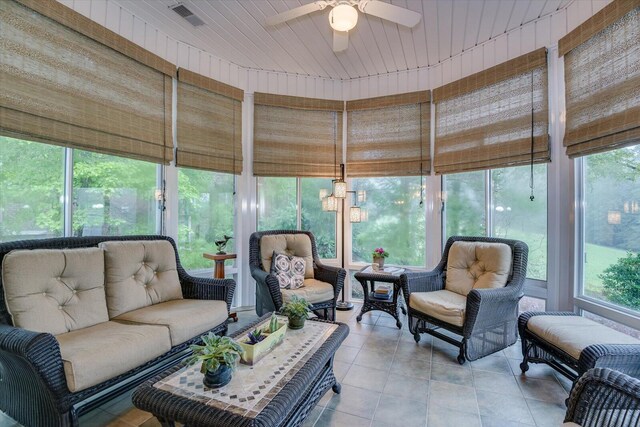 sunroom / solarium with a wealth of natural light, ceiling fan, and wooden ceiling