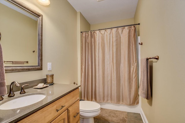 full bathroom with tile patterned flooring, vanity, toilet, and shower / bathtub combination with curtain