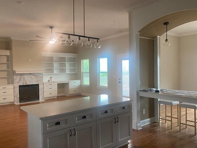 2016 Elite Ct, Hephzibah, GA 30815 - kitchen with crown molding, dark wood-style floors, arched walkways, built in shelves, and decorative light fixtures