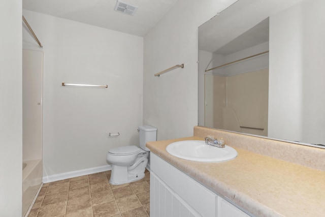 full bathroom with shower / tub combination, vanity, and toilet