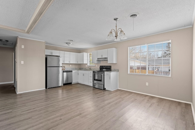 kitchen featuring white cabinets, light wood-style floors, stainless steel appliances, a textured ceiling, and under cabinet range hood