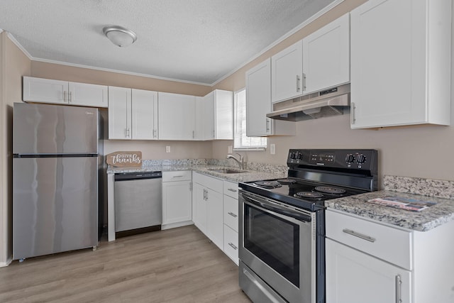 kitchen featuring stainless steel appliances, a sink, white cabinets, and under cabinet range hood