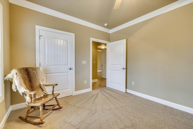 sitting room featuring ornamental molding and carpet flooring