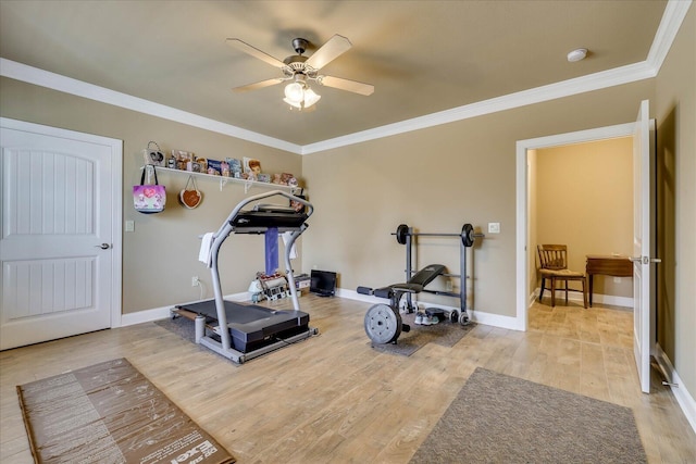 workout area with ceiling fan, ornamental molding, and wood-type flooring