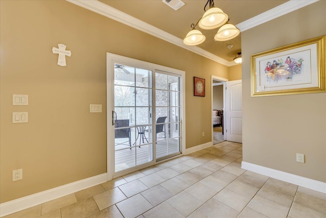 doorway to outside with crown molding and light tile patterned floors