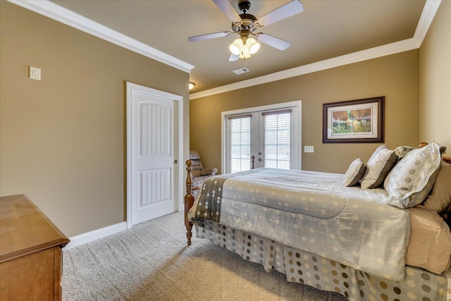 carpeted bedroom featuring crown molding, access to outside, french doors, and ceiling fan