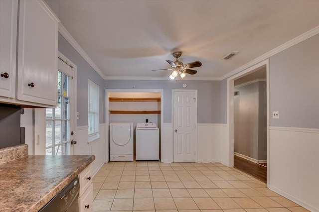 laundry room with separate washer and dryer, ceiling fan, light tile patterned flooring, and ornamental molding