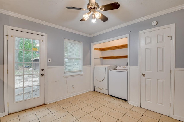 washroom featuring ceiling fan, light tile patterned floors, ornamental molding, and independent washer and dryer