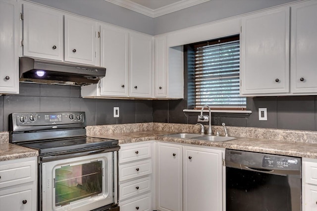 kitchen with white cabinets, sink, electric range, ornamental molding, and black dishwasher