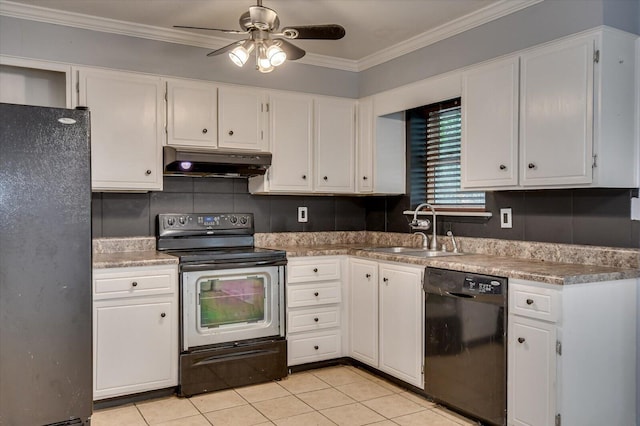 kitchen featuring ceiling fan, sink, black appliances, white cabinets, and light tile patterned flooring