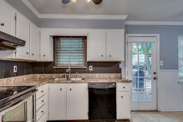 kitchen with crown molding, sink, white cabinets, black dishwasher, and light tile patterned flooring