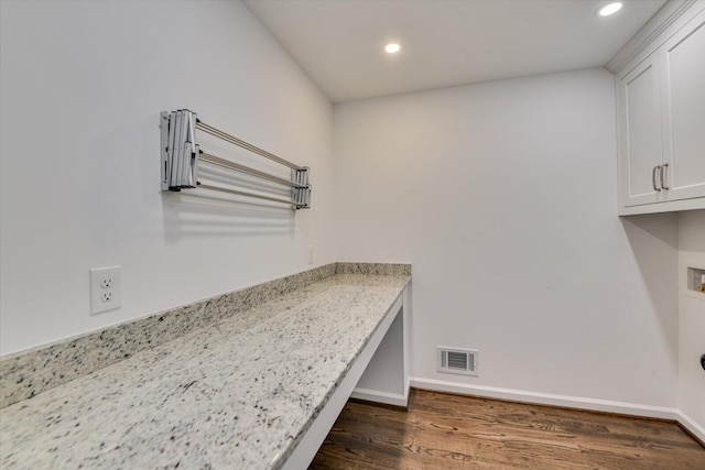 laundry room featuring recessed lighting, laundry area, visible vents, baseboards, and dark wood finished floors