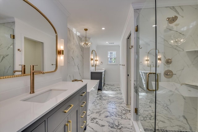 bathroom featuring a marble finish shower, ornamental molding, a sink, marble finish floor, and two vanities