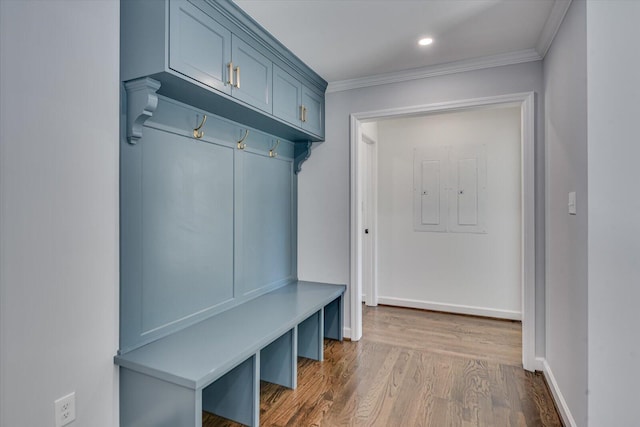 mudroom with baseboards, wood finished floors, and crown molding