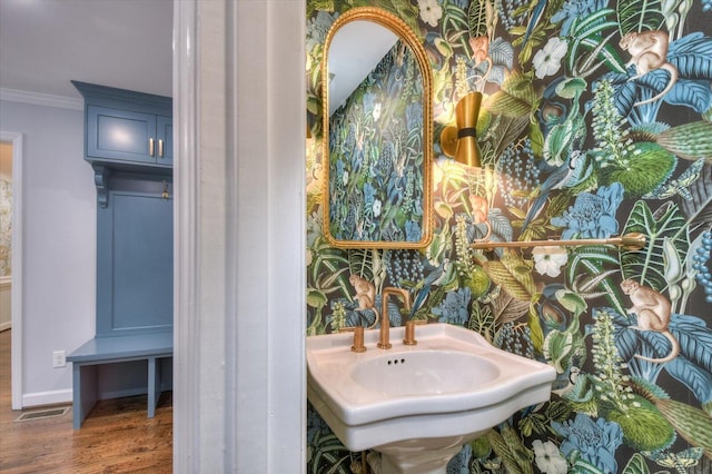 bathroom featuring baseboards, visible vents, ornamental molding, wood finished floors, and a sink