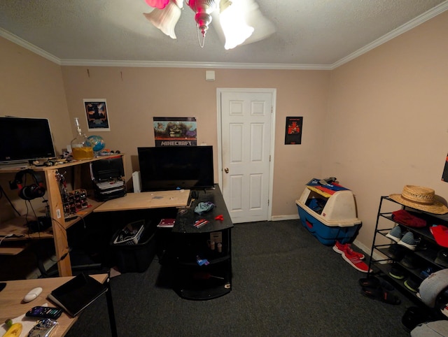 playroom with dark colored carpet, baseboards, and crown molding