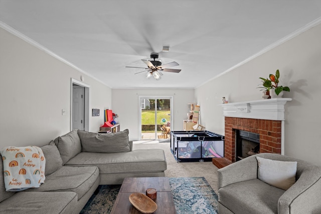 106 Moss Creek Dr, Martinez, GA 30907 - living room with carpet floors, crown molding, a brick fireplace, and ceiling fan