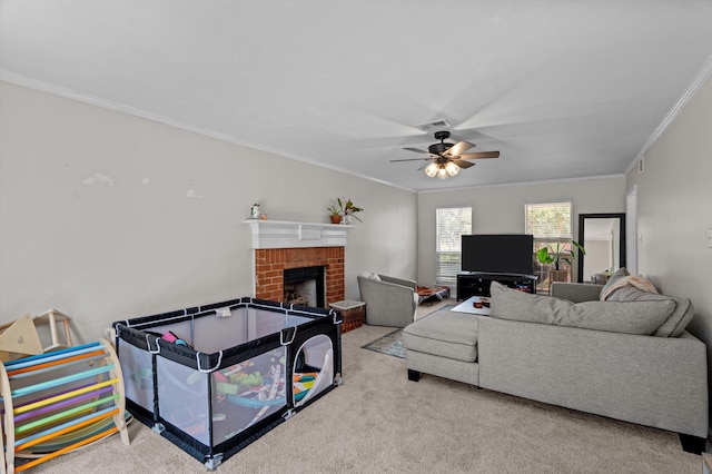 106 Moss Creek Dr, Martinez, GA 30907 - living room featuring crown molding, carpet, a ceiling fan, and a fireplace