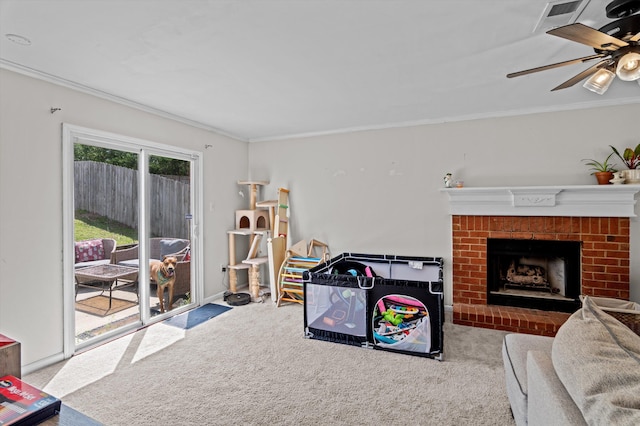 106 Moss Creek Dr, Martinez, GA 30907 - living room with carpet, crown molding, a fireplace, and a ceiling fan