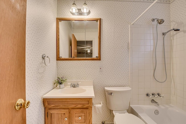 full bathroom with wallpapered walls, bathing tub / shower combination, and toilet