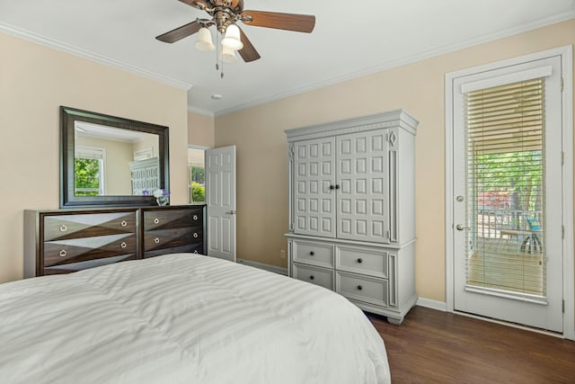 9 Caravel Cir, Mccormick, SC 29835 - bedroom featuring access to exterior, dark wood-type flooring, ornamental molding, baseboards, and a ceiling fan
