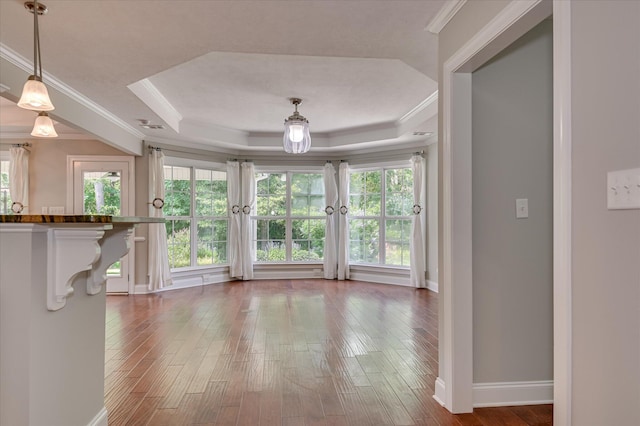 474 Sebastian Dr, Grovetown, GA 30813 - unfurnished dining area featuring a tray ceiling, healthy amount of natural light, hardwood / wood-style floors, and ornamental molding