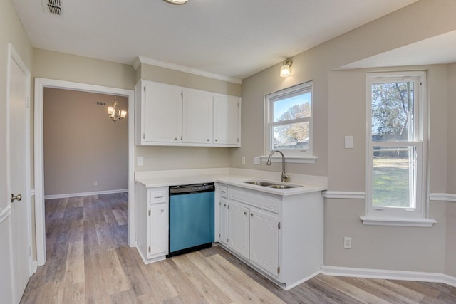 kitchen with dishwashing machine, visible vents, a sink, white cabinets, and light wood-style floors