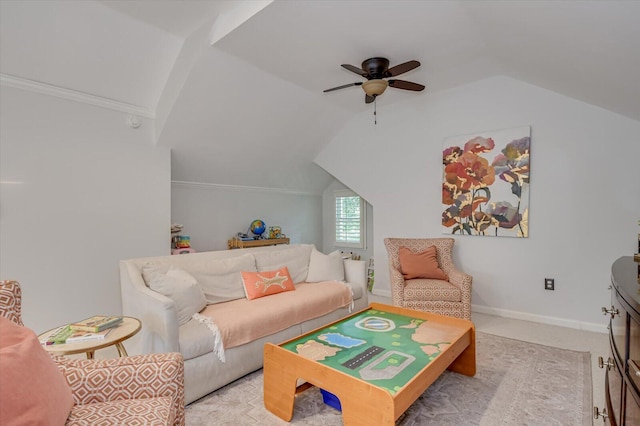 living room with a ceiling fan, light colored carpet, vaulted ceiling, and baseboards