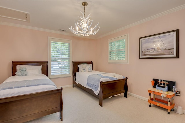 carpeted bedroom featuring ornamental molding, visible vents, and baseboards