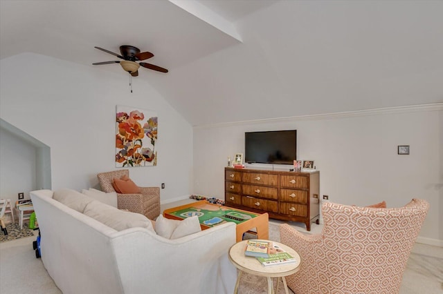 living area featuring baseboards, vaulted ceiling, a ceiling fan, and light colored carpet