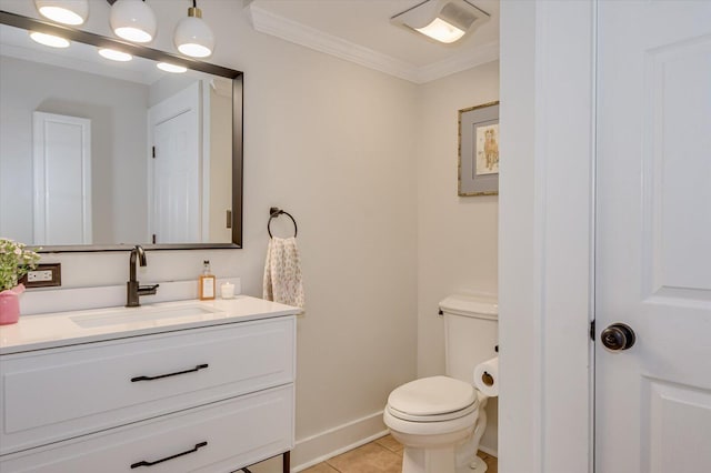 bathroom featuring baseboards, toilet, tile patterned floors, crown molding, and vanity