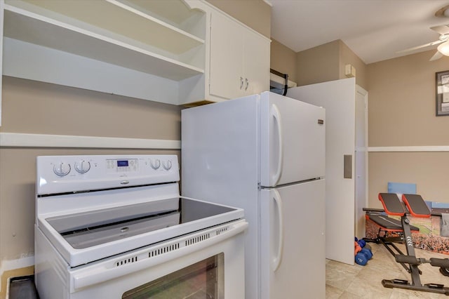 kitchen with a ceiling fan, white appliances, white cabinets, and open shelves